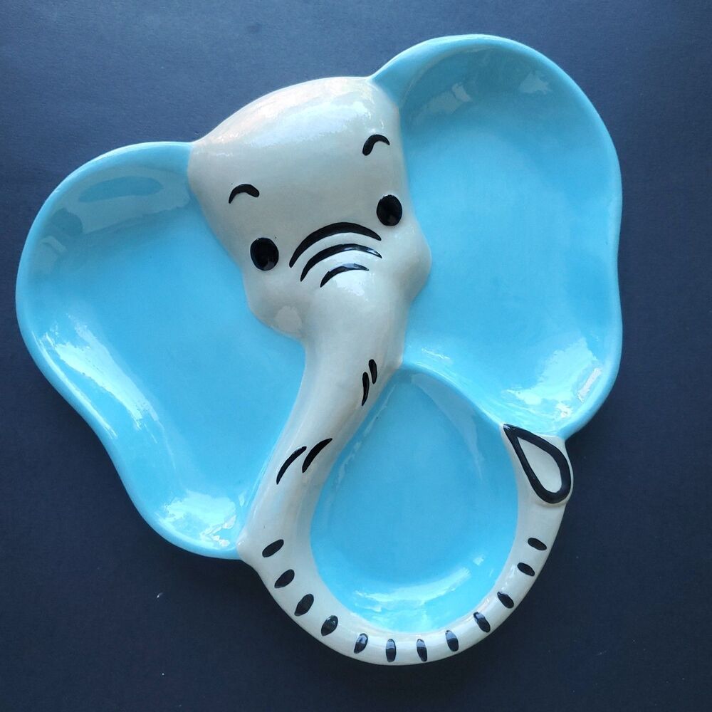 Vintage Divided Childs Plate Blue Gray Painted Elephant Holland Mold 7.5"